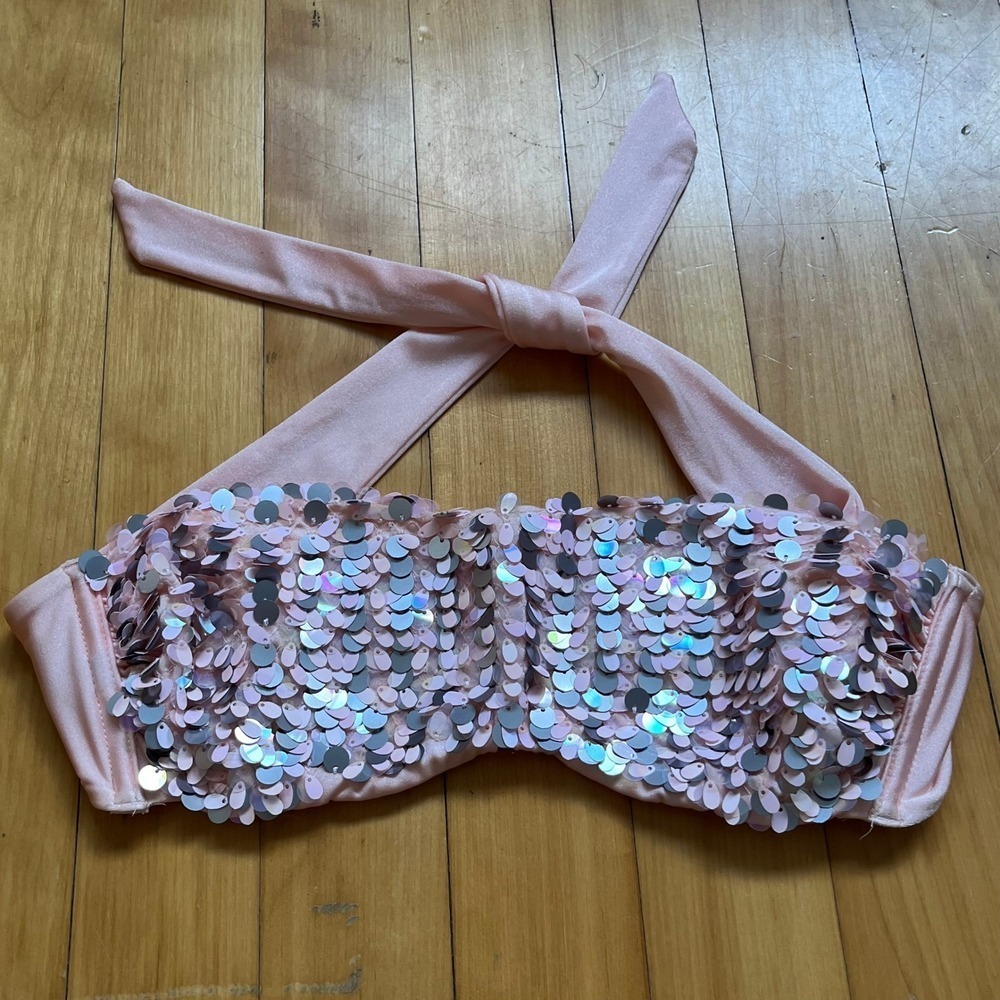 Victoria's Secret Pink Sequin Strapless Bikini Top Halter Tie Swim Beach XS